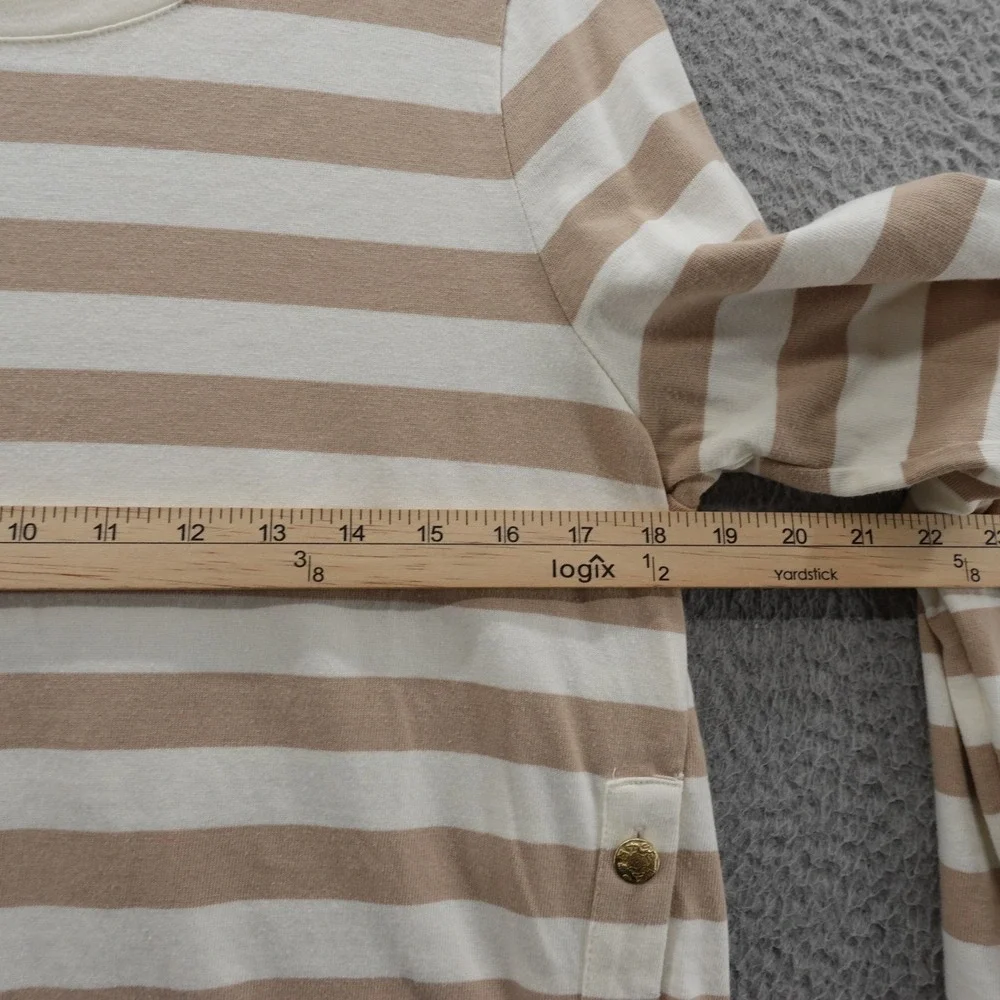 J Crew Button Side Stripe Top Medium Tan White Cotton Long Sleeve‎ Womens Tee